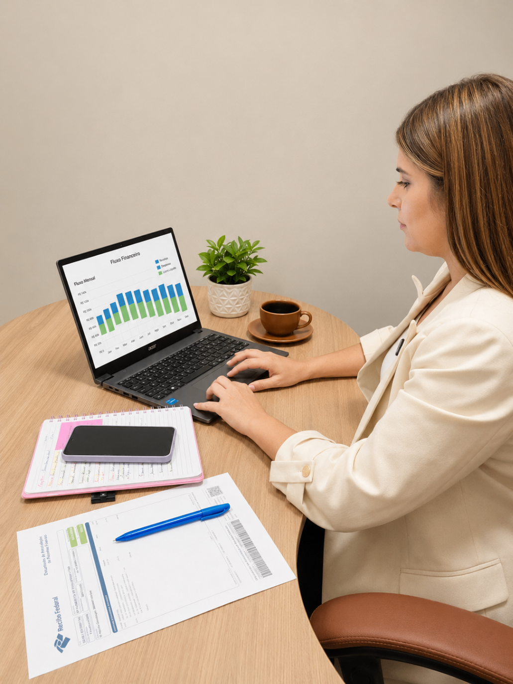 Juliana analisando indicadores financeiros no computador